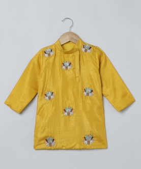 Boys Multi Color Lotus Embroidery Silk Kurta Pyjama