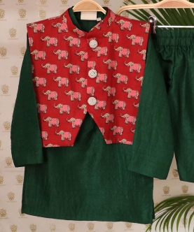 Boys Jaipuri Elephant Print Pure Kurta Pyjama And Jacket