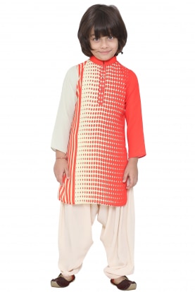 Red and beige printed kurta with patiala pants