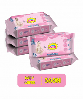 Super Cute's Premium Soft Cleansing Baby Wipes with Aloe Vera, Enriched with Vitamin E, and Paraben Free | 72 Wipes | Combo of 5