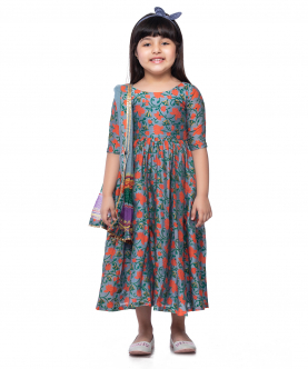 Blue Lotus Printed Maxi Dress With Cotadoria Dupatta For Kids