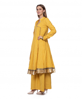 Yellow Angrakha Style Anarkali Kurta And Sharara Pants Set For Adult