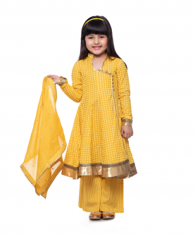 Yellow Angrakha Style Anarkali Kurta And Sharara Pants Set For Kids