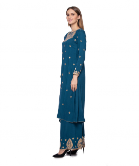 Turquoise Gota Patti Embroidered Kurta And Sharara Pants Set For Adult