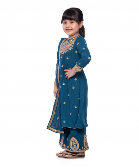 Turquoise Gota Patti Embroidered Kurta And Sharara Pants Set For Kids