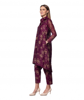 Wine Printed Jacket Style Tunic With Pants Set For Adult