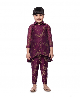 Wine Printed Jacket Style Tunic With Pants Set For Kids