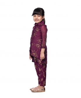 Wine Printed Jacket Style Tunic With Pants Set For Kids