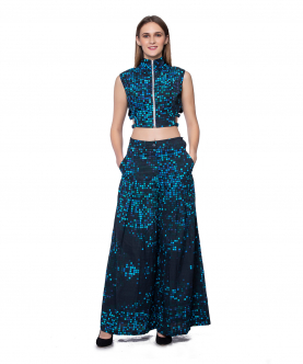 Blue Pixel Printed Crop Top And Pants Set For Adult