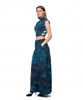 Blue Pixel Printed Crop Top And Pants Set For Adult