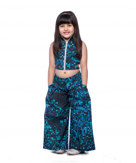 Blue Pixel Printed Crop Top And Pants Set For Kids