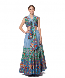Blue Hand Printed Lehnga With Crop Top Set For Adult