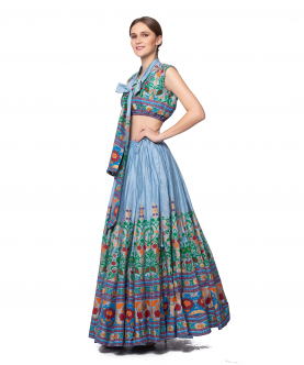 Blue Hand Printed Lehnga With Crop Top Set For Adult