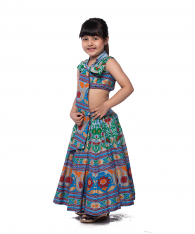 Blue Hand Printed Lehnga With Crop Top Set For Kids