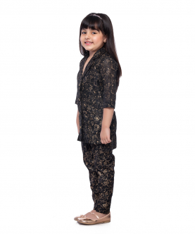 Black Printed Jacket Style Tunic With Pants Set For Kids