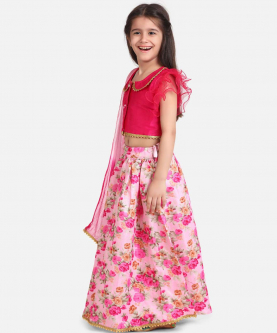Ruffle Sleeve Collar Choli With Floral Lehenga-Pink