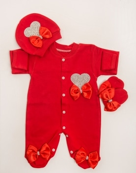 White Crystal Heart with Red Bow-New Born Baby Romper Set