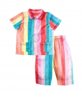 Short Sleeved Collared Pajama Set - Rainbow