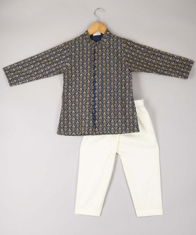 Teal Blue Sequins And Thread Embroidered Kurta With Pyjama