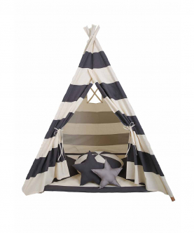 Grey Striped Teepee Tent With Mat And Cushions