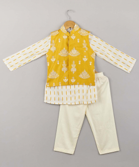 Threadwork And Sequence Jacket With Printed Kurta And Pyjama