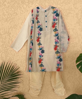 Chanderi Silk Floral Printed Pleated Kurta with Churidaar