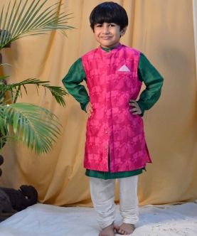 Green Block Printed Kurta with Pink Long Sherwani Jacket