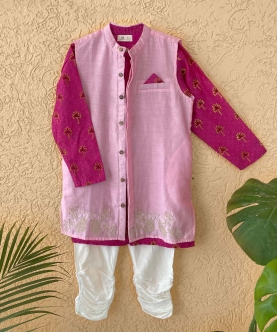 Block Printed Kurta with Zari Embroidered Sherwani Jacket