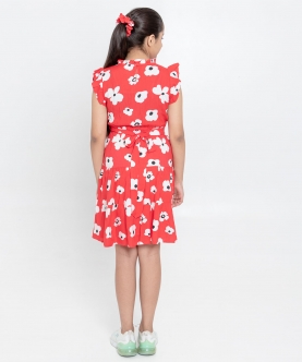 Red Bold Floral Print Fit & Flare With Ruffled Sleeves Dress