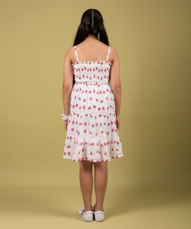 Strawberry Printed Premium Summer Dress With Scrunchies