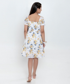Floral Printed Fit And Flare With Puffed Sleeves Dress