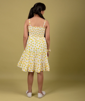 Lemon Printed Cotton Premium Summer Dress With Scrunchies