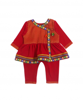 Red Brocade Angrakha Romper For Boys