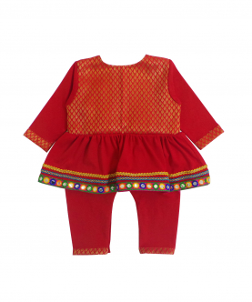 Red Brocade Angrakha Romper For Boys