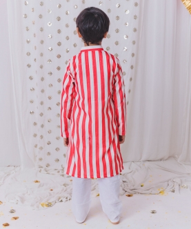 Red And White Striped Cotton Kurta Pajama Set