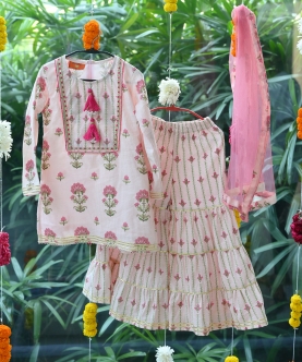 Handblock Floral Pattern Sharara Set (Pink)