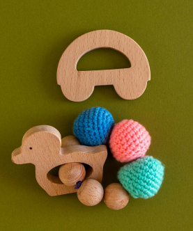 Wooden Teether Cum Rattle Duck And Car
