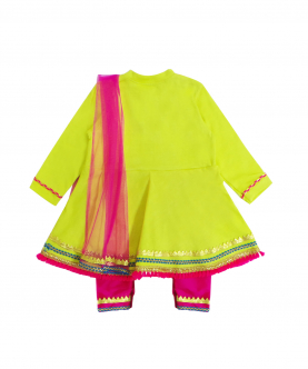 Lime Green Dandiya Fun Kurta Style Romper With Pink Dupatta