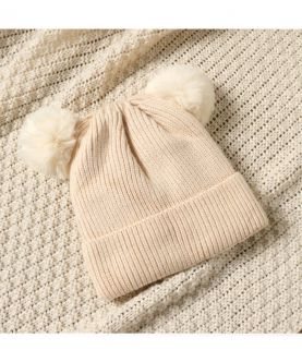 Baby / Toddler Double Pompon Decor Solid Color Fleece-lining Beanie Hat