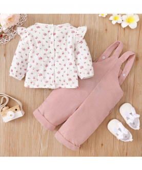 Baby Crepe Floral Print Ruffle Long-sleeve Top and Pink Overalls Set