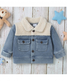 Baby Fleece Lapel Collar Splicing Denim Jacket Outwear