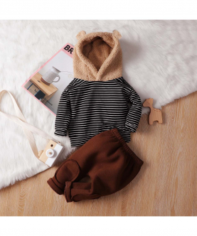 2pcs Baby 3D Ears Long-sleeve Fleece Hoodie and Trousers Set - (Brown)