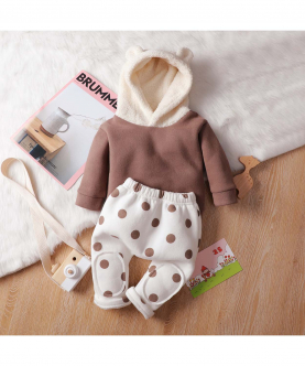 2pcs Baby 3D Ears Long-sleeve Fleece Hoodie and Trousers Set - (Khaki)