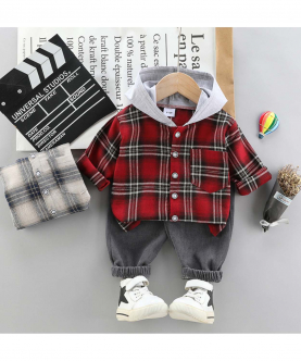 2-piece Toddler Girl/Boy Button Deign Plaid Hoodie and Elasticized Solid Gray Corduroy Pants Set