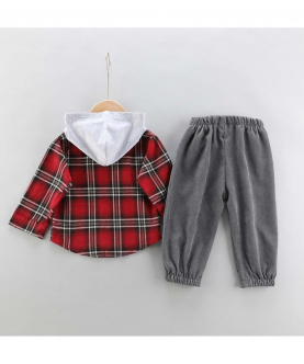 2-piece Toddler Girl/Boy Button Deign Plaid Hoodie and Elasticized Solid Gray Corduroy Pants Set