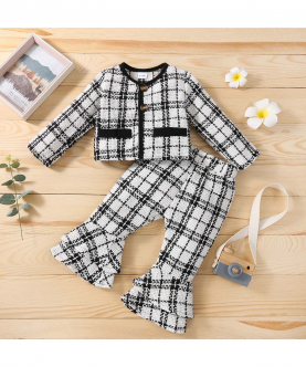 2pcs Baby Plaid Long-sleeve Outwear and Bell Bottom Pants Set