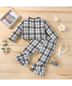 2pcs Baby Plaid Long-sleeve Outwear and Bell Bottom Pants Set