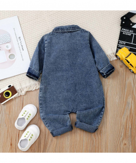 Blue Distressed Ripped Denim Lapel Button Down Baby Long-sleeve Jumpsuit