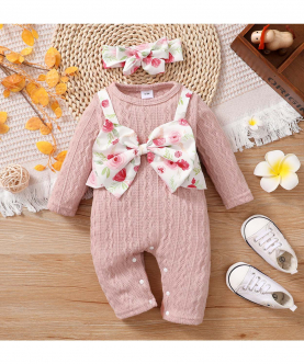 2-Piece Baby Girl Floral Print Bowknot Design Cable Knit Textured Long-sleeve Jumpsuit and Headband Set