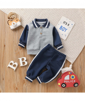 2pcs Baby Boy/Girl Color Block Lapel Long-sleeve Pullover and Track Pants Set - (Navy Blue)